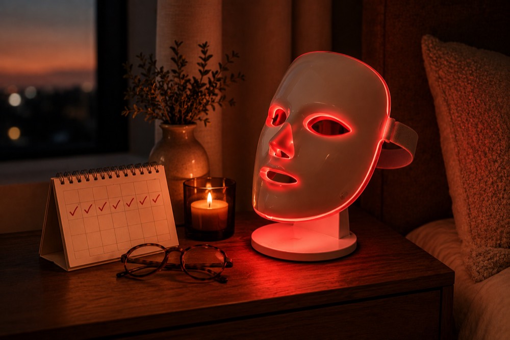 A nightstand at dusk with a glowing LED mask on its stand beside a habit calendar full of checkmarks