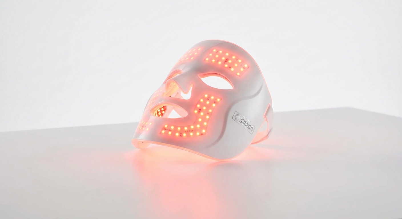 Photobiomodulation LED face mask demonstrating red light therapy for anti-aging
