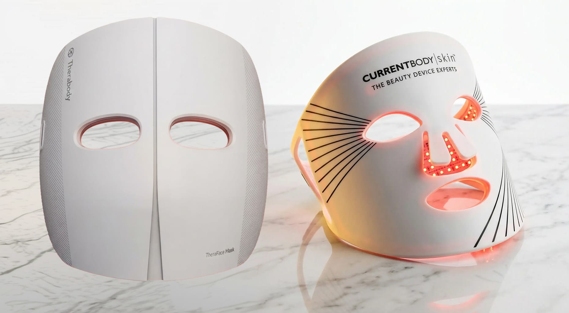 CurrentBody Series 2 and TheraFace Mask LED face masks compared side by side