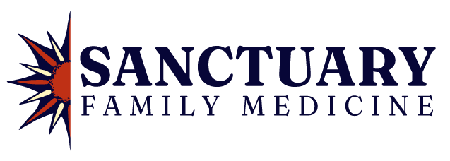 A half-cut bursting sun in red and cream with an outline in navy on the left. "Sanctuary Family Medicine" on the right in navy. Sanctuary Family Medicine logo variation.