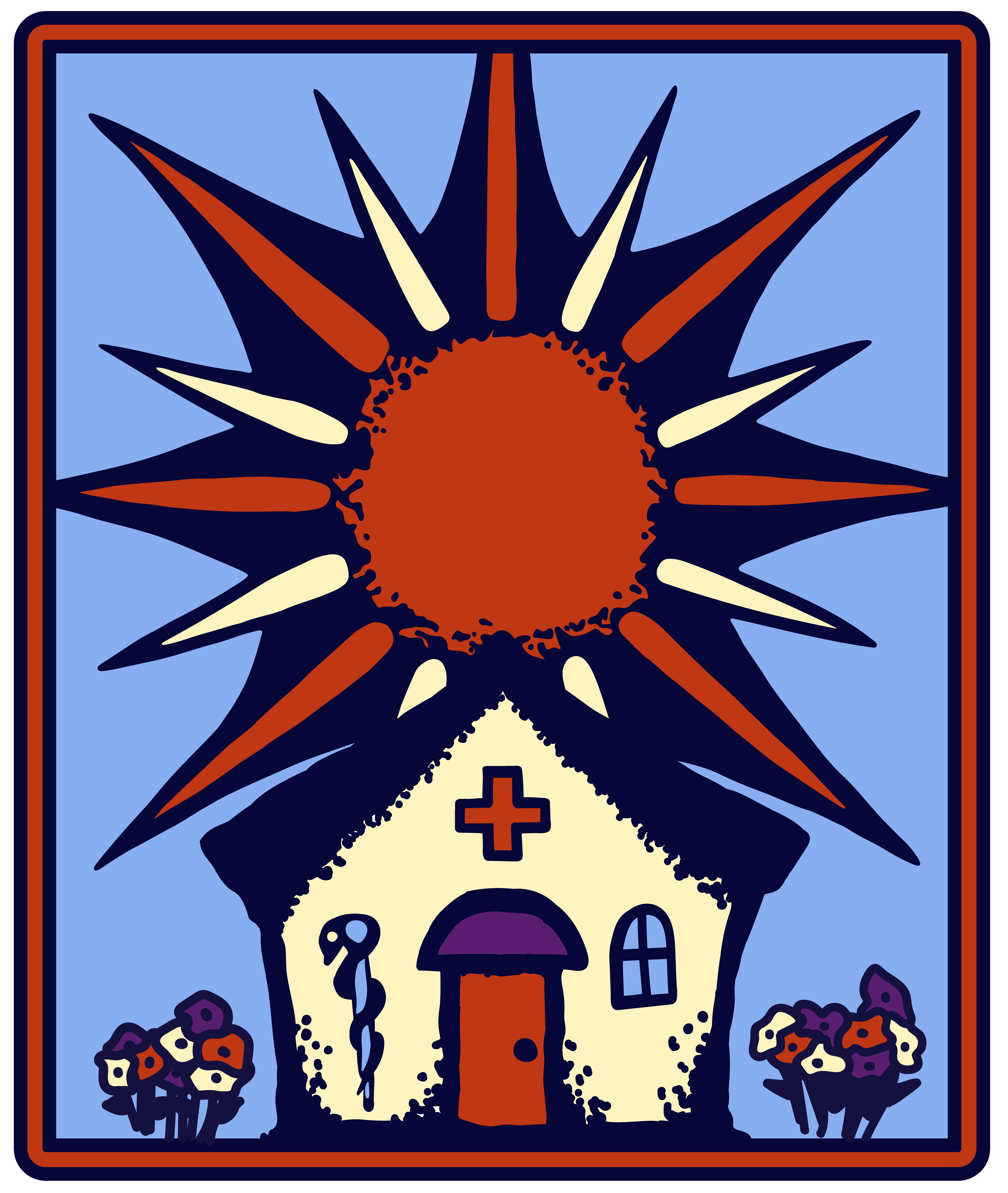 A pictograph version of the logo of Sanctuary Family Medicine. It depicts a bright sun rising from behind a medical building surrounded by flowers. The building has a window on the right, a caduceus on the left, and a health plus icon above the door. 