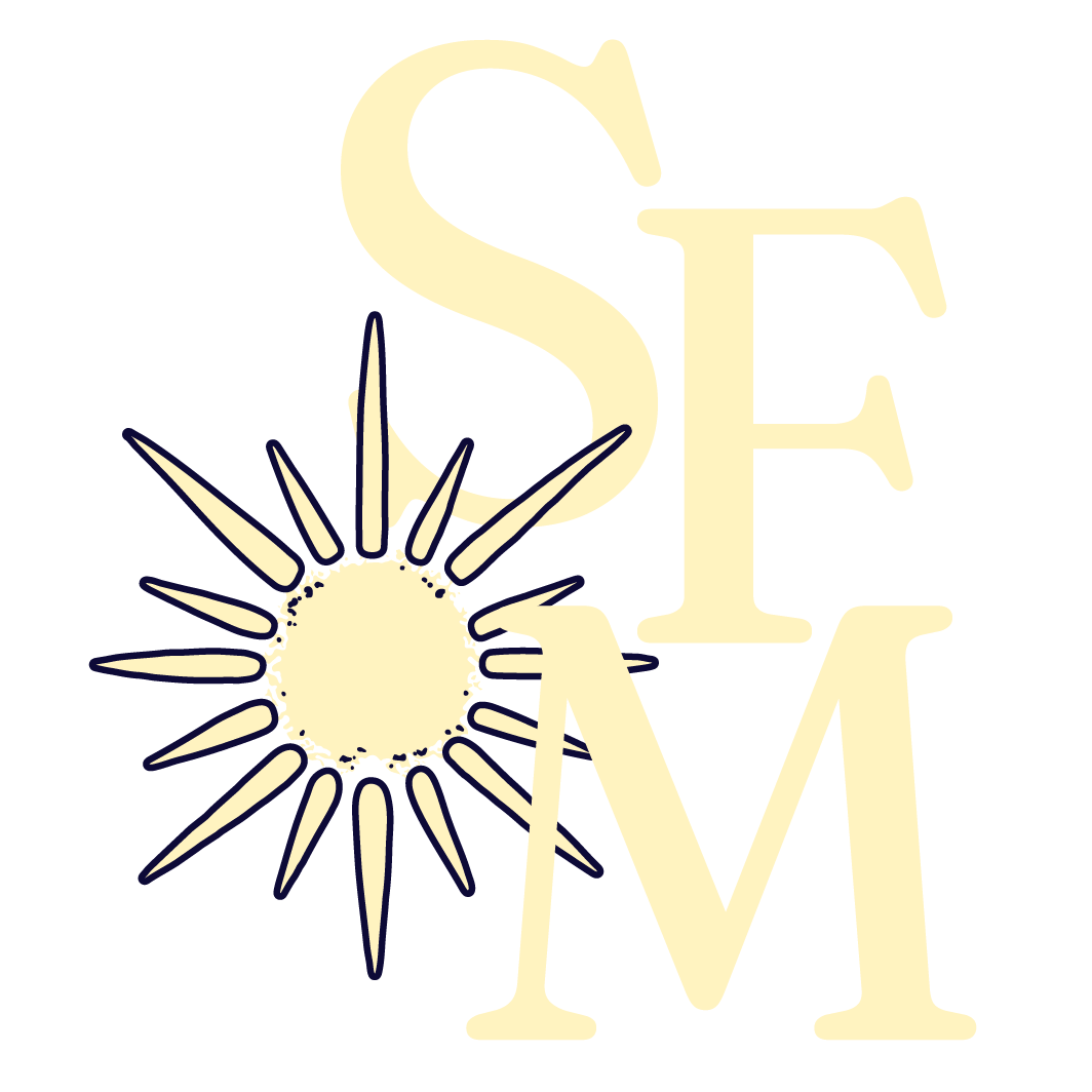 Sanctuary Family Medicine logo variation in cream. It is a one color logo of a bursting sun with the letters SFM on the sun's right side.