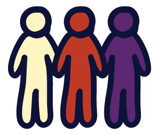 An illustration of a trio of generic people with no faces. The one in the middle, red; left, cream; and right, purple.