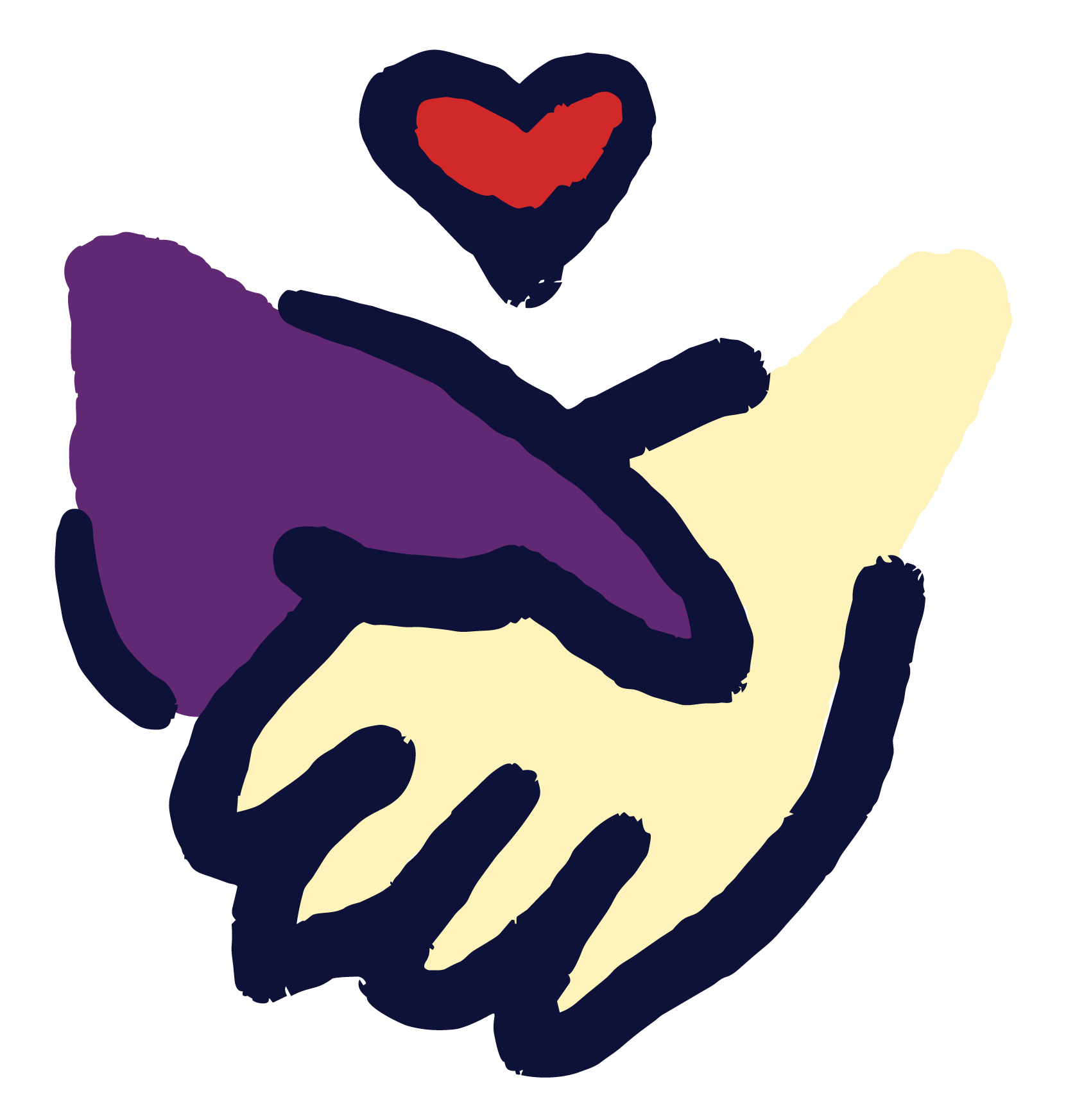 An illustration of hands holding with a heart above them. The hand that is behind on the left side is purple and the hand in front on the left is cream.
