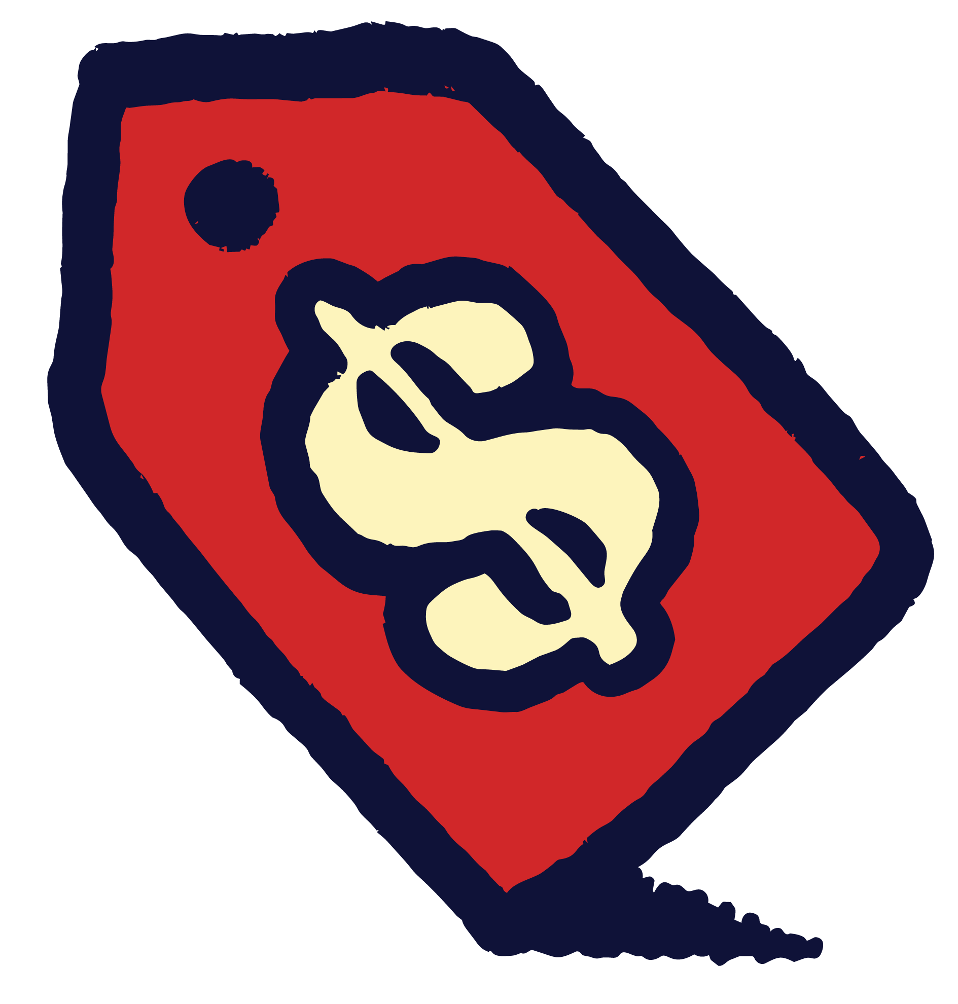 An illustrated price tag with a big dollar sign on it.