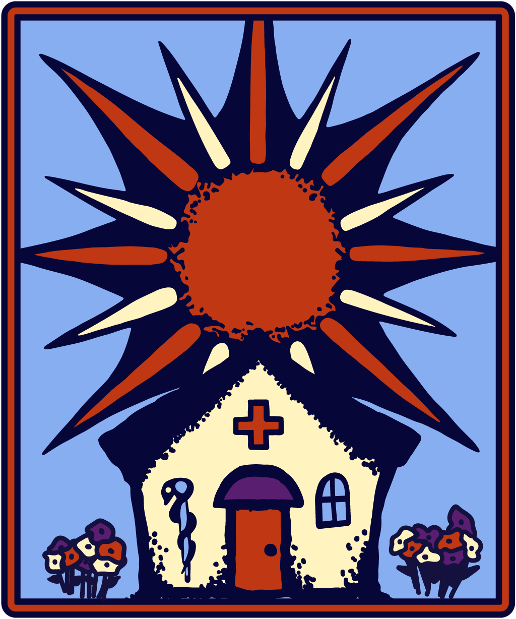 A pictograph version of the logo of Sanctuary Family Medicine. It depicts a bright sun rising from behind a medical building surrounded by flowers. The building has a window on the right, a caduceus on the left, and a health plus icon above the door. 