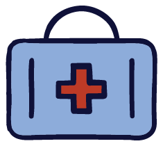 An illustration of a medical briefcase that is cream with a red plus sign on top and a navy handle.