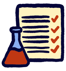 An illustration for lab testing with a chemical vial and a test sheet with check marks on it.