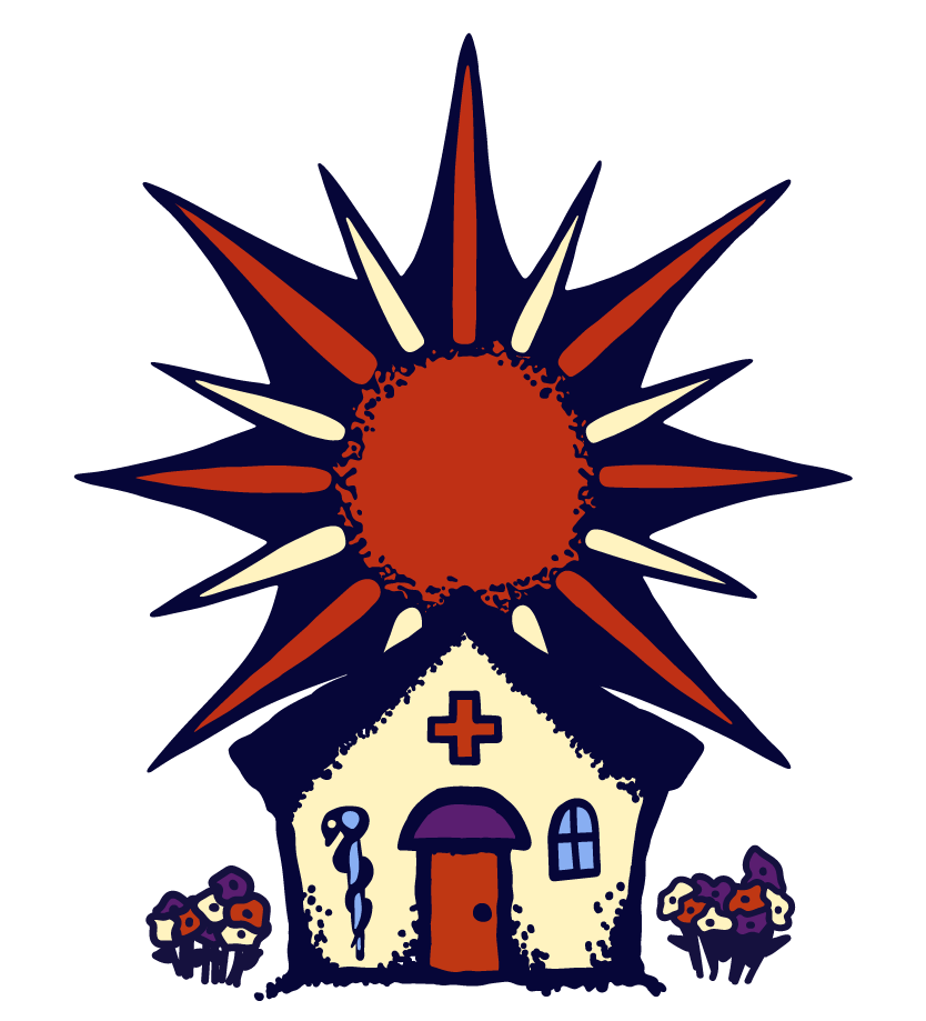 A transparent pictograph version of the logo of Sanctuary Family Medicine. It depicts a bright sun rising from behind a medical building surrounded by flowers. The building has a window on the right, a caduceus on the left, and a health plus icon above the door. 