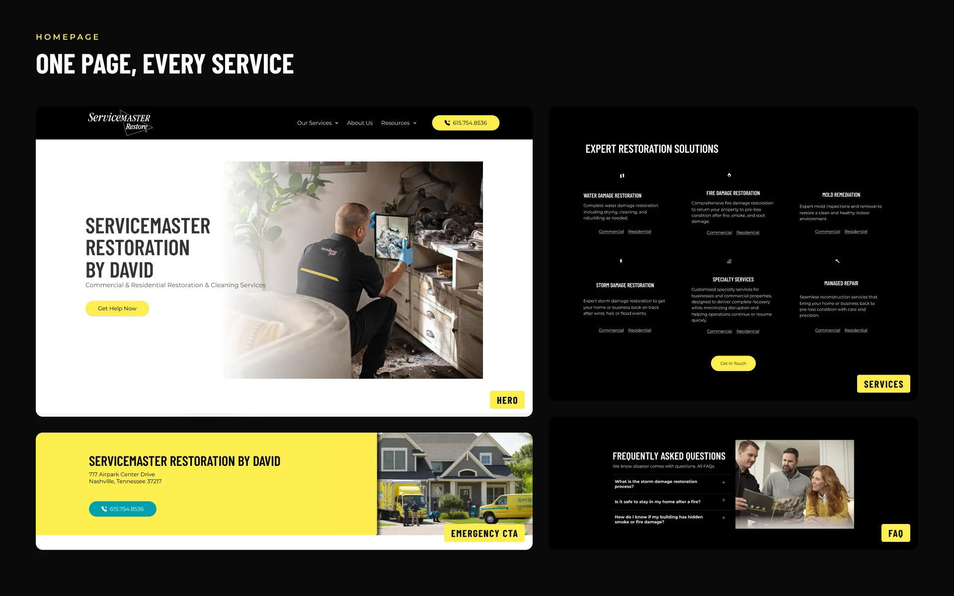 ServiceMaster Restoration by David homepage sections: hero, restoration services, emergency contact and FAQ