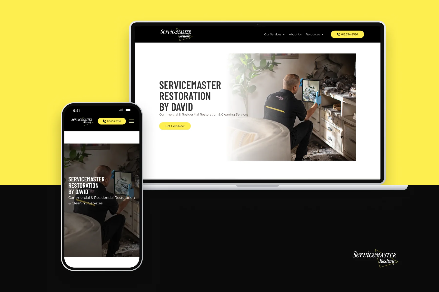 ServiceMaster Restoration by David website shown on a laptop and phone
