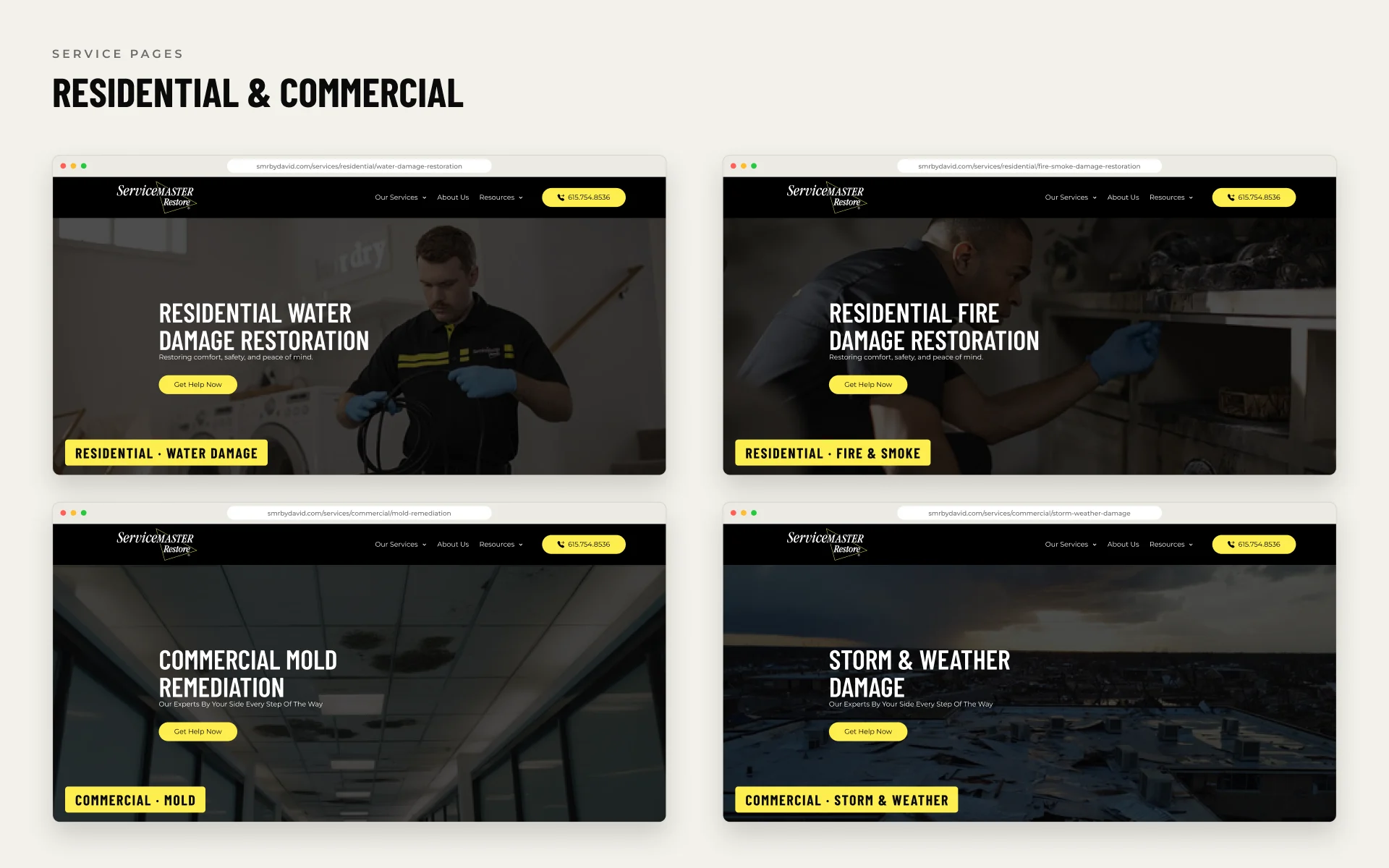 ServiceMaster Restoration by David residential and commercial service pages for water, fire, mold and storm damage