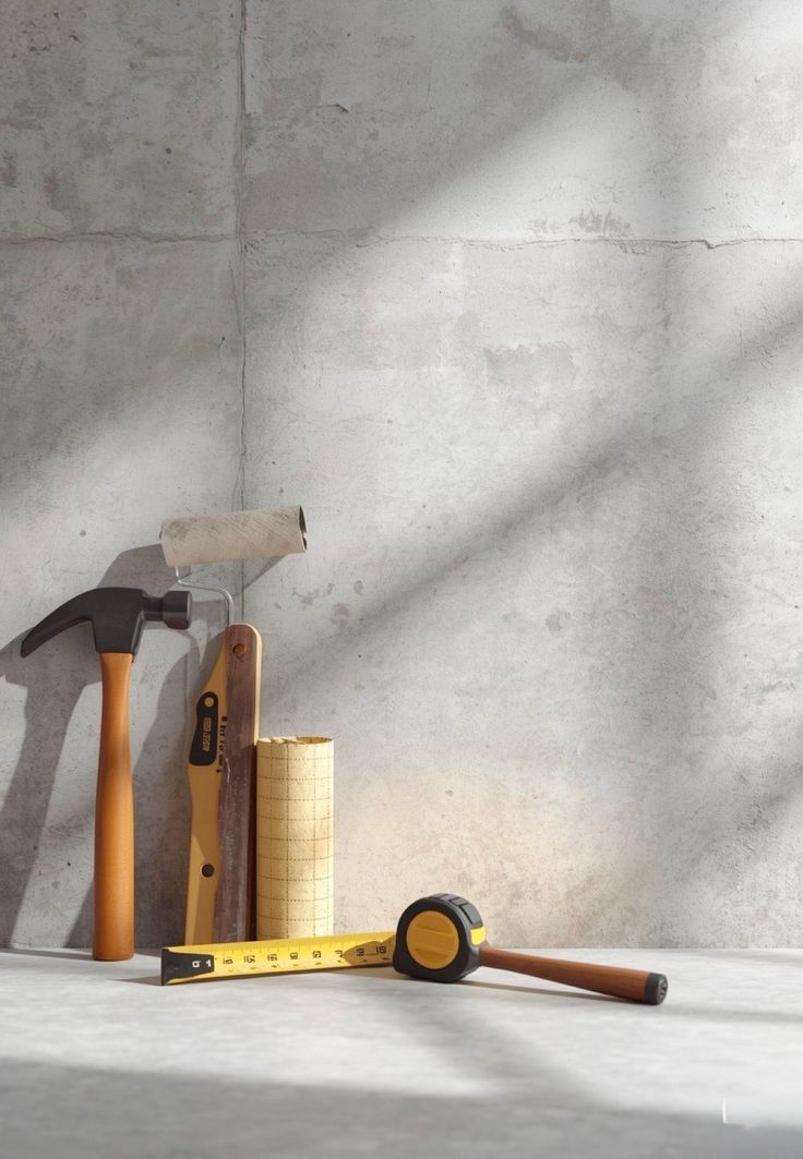 marteau, rouleau de peinture, mètre, outillage pour la maintenance
