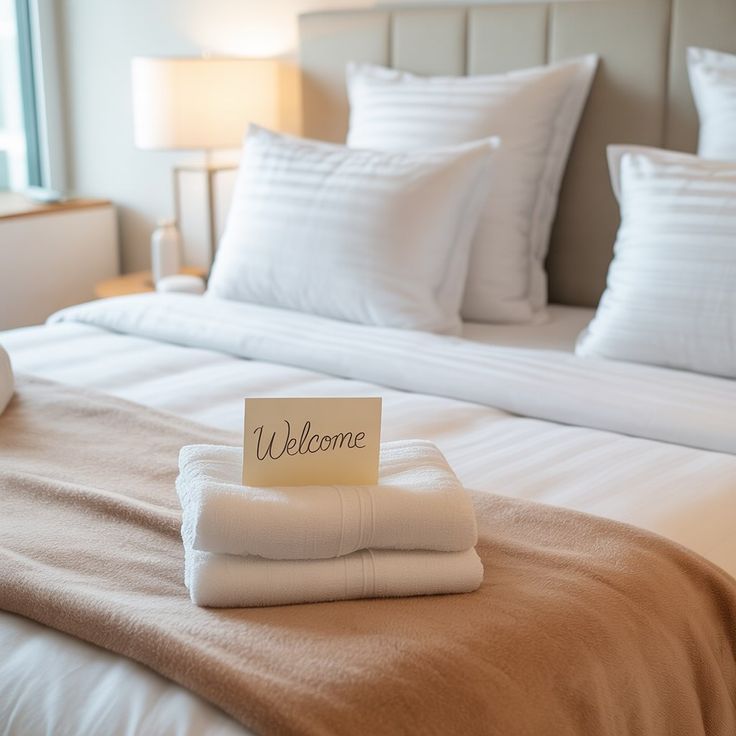 This may contain: a welcome sign is placed on a bed with white sheets and pillows in a hotel room