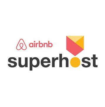 This may contain: the logo for airbn and superhost, which are both red and yellow