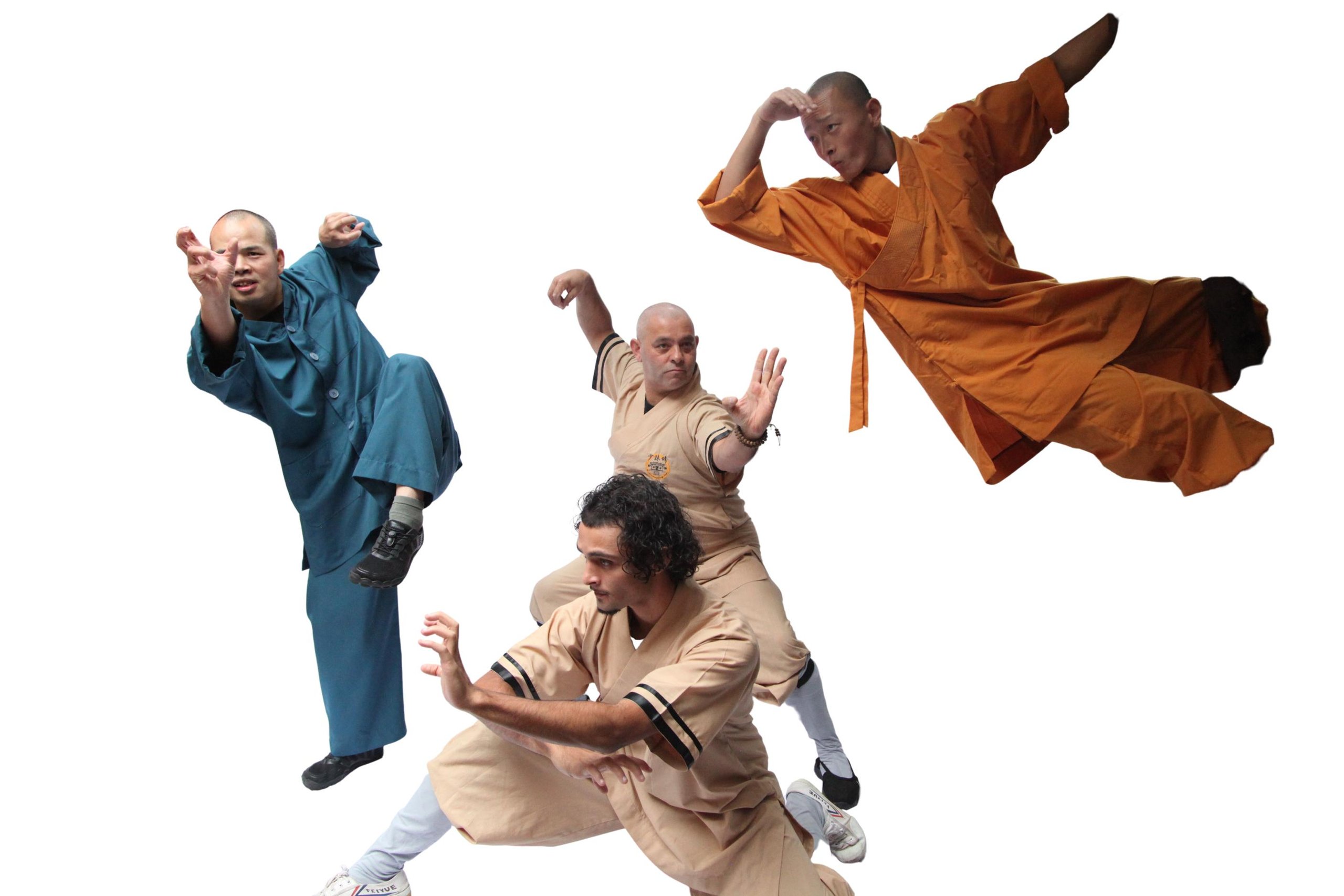 Four martial artists performing dynamic kung fu poses wearing traditional uniforms in blue, orange, and beige.