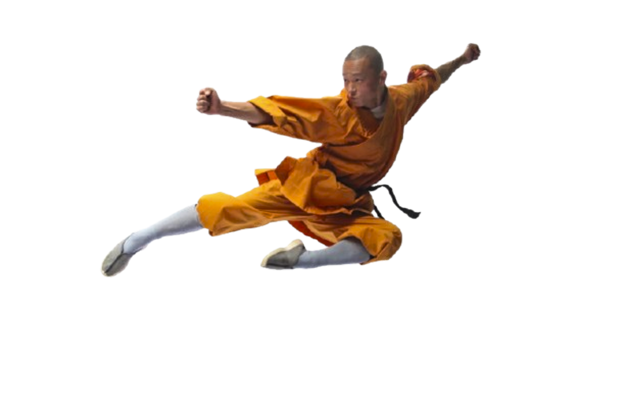 Martial artist in orange robes performing a high flying kick.