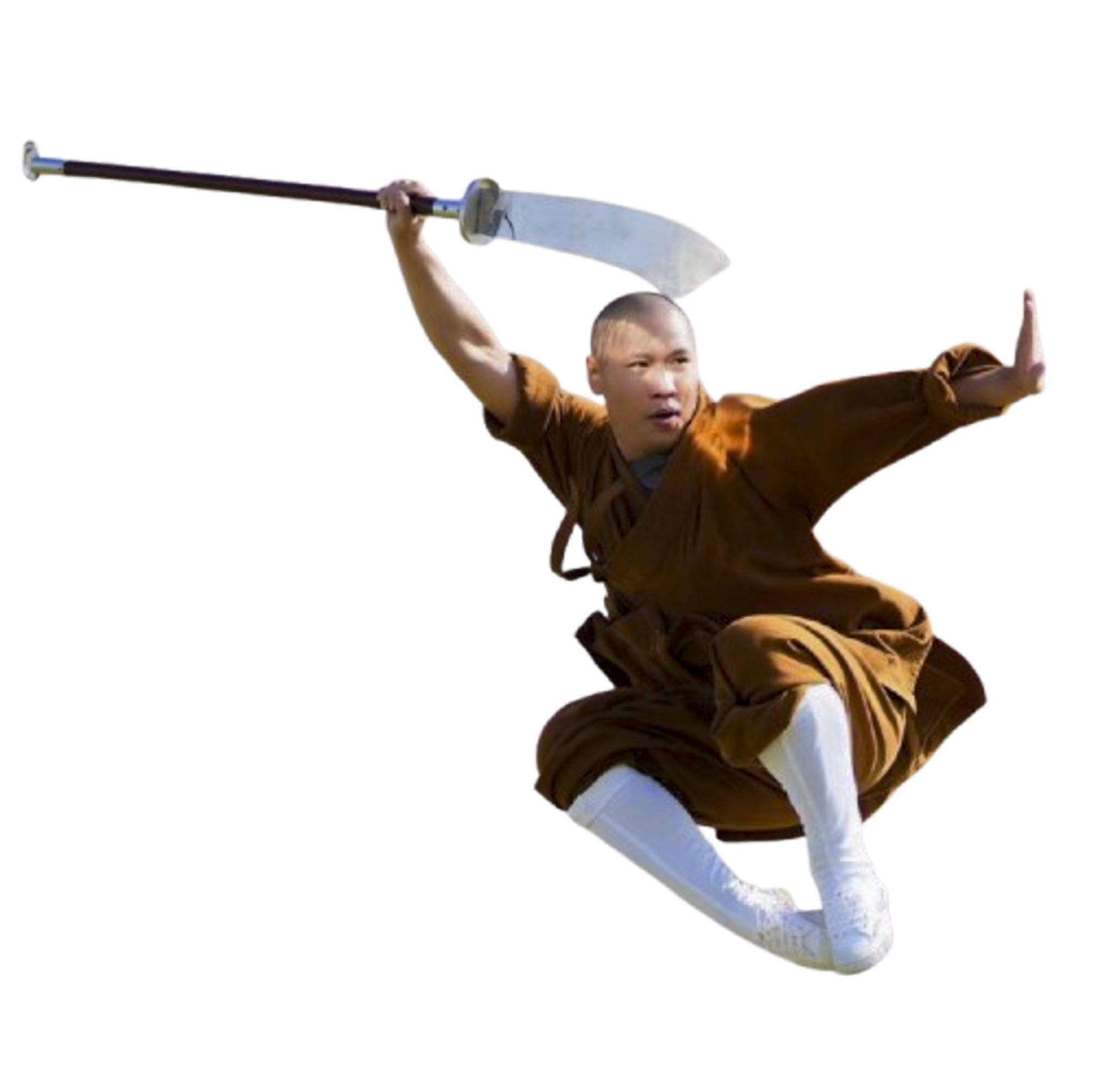 Martial artist in brown robe and white boots mid-air performing a jump while wielding a large curved sword.