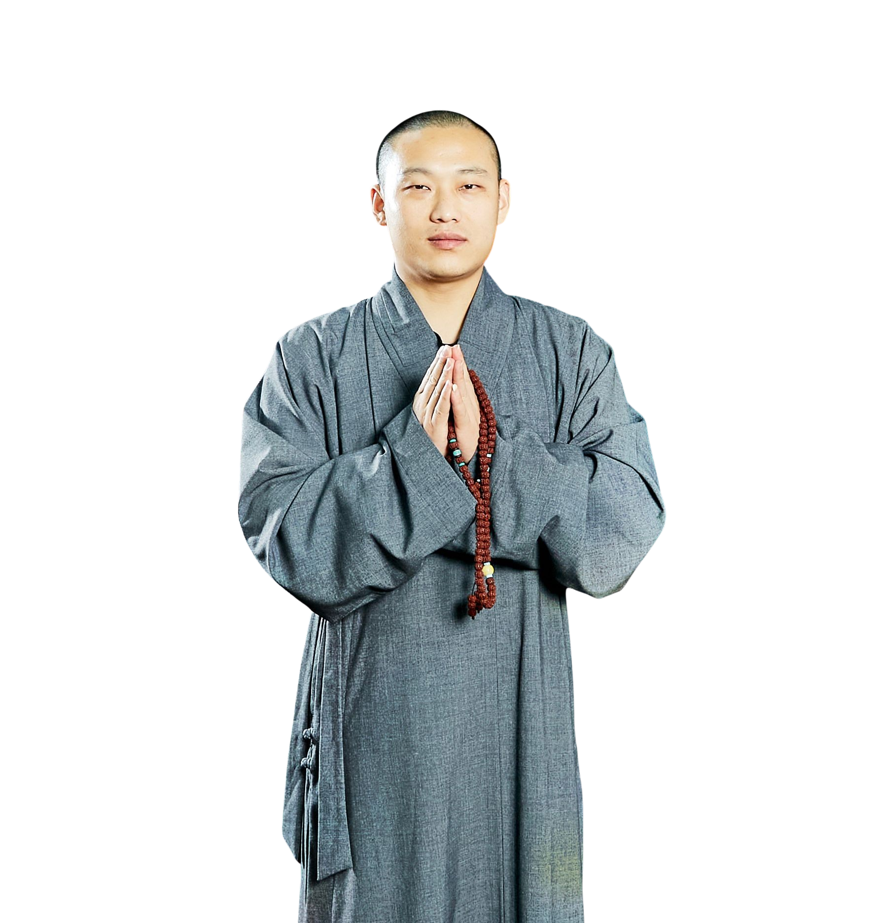 Monk in gray traditional robe with hands pressed together holding a beaded necklace.