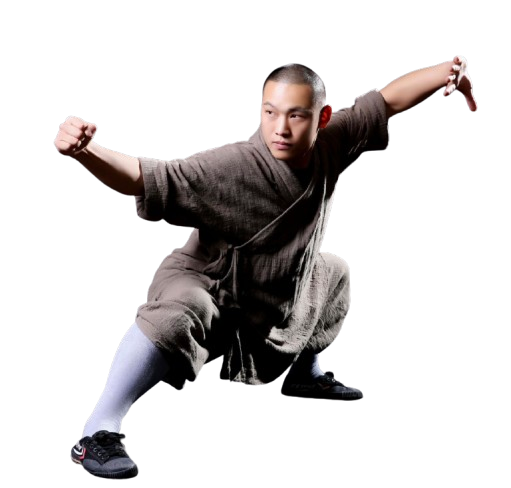 Man in traditional martial arts attire performing a low kung fu stance against a black background.
