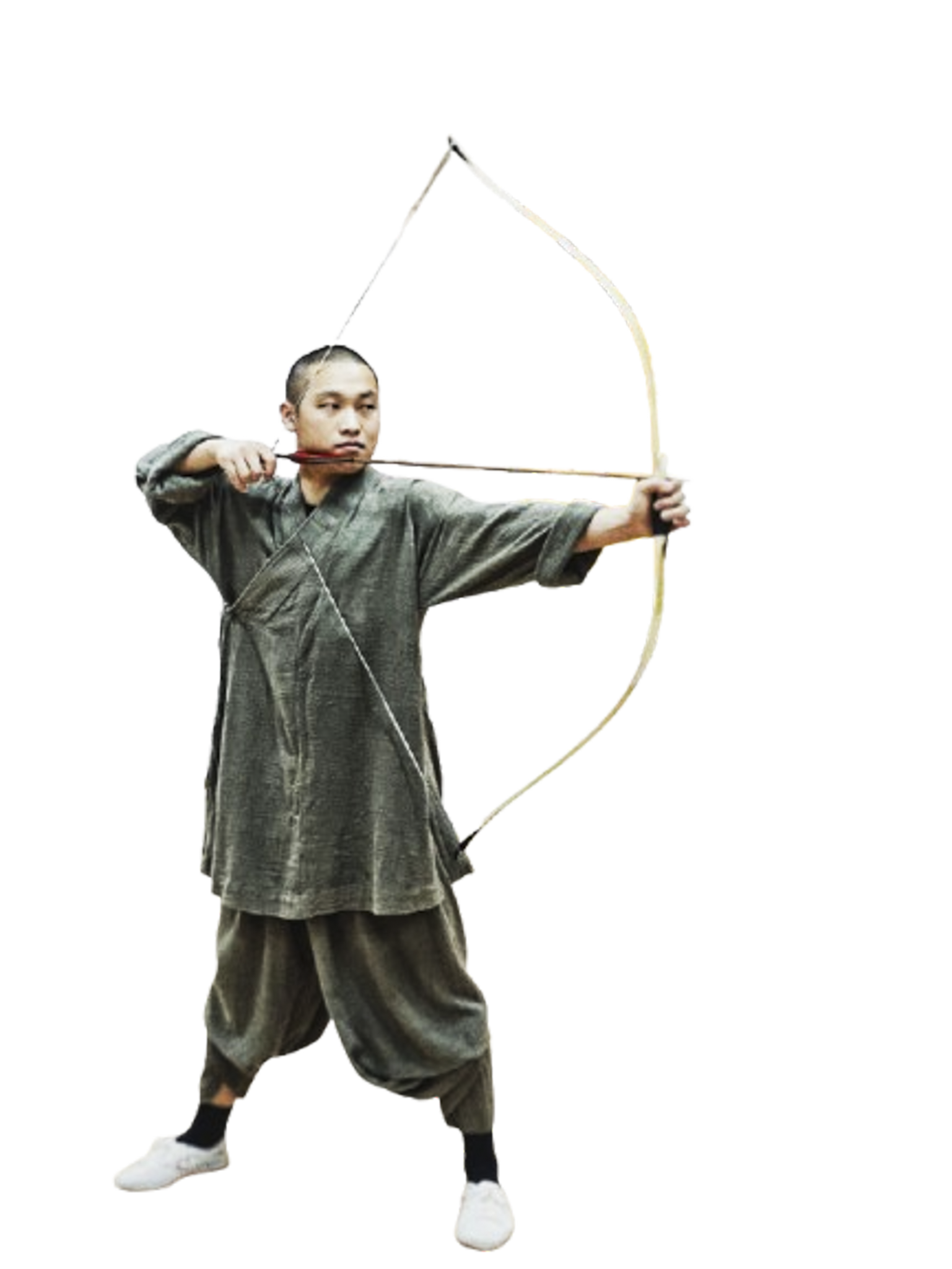Man in traditional clothing aiming a drawn bow and arrow.