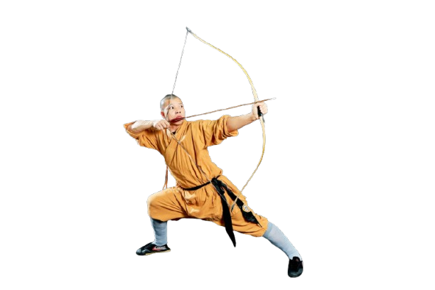 Martial artist in traditional orange attire aiming a drawn bow and arrow while in a wide stance.martial art london Shaolin Xiu