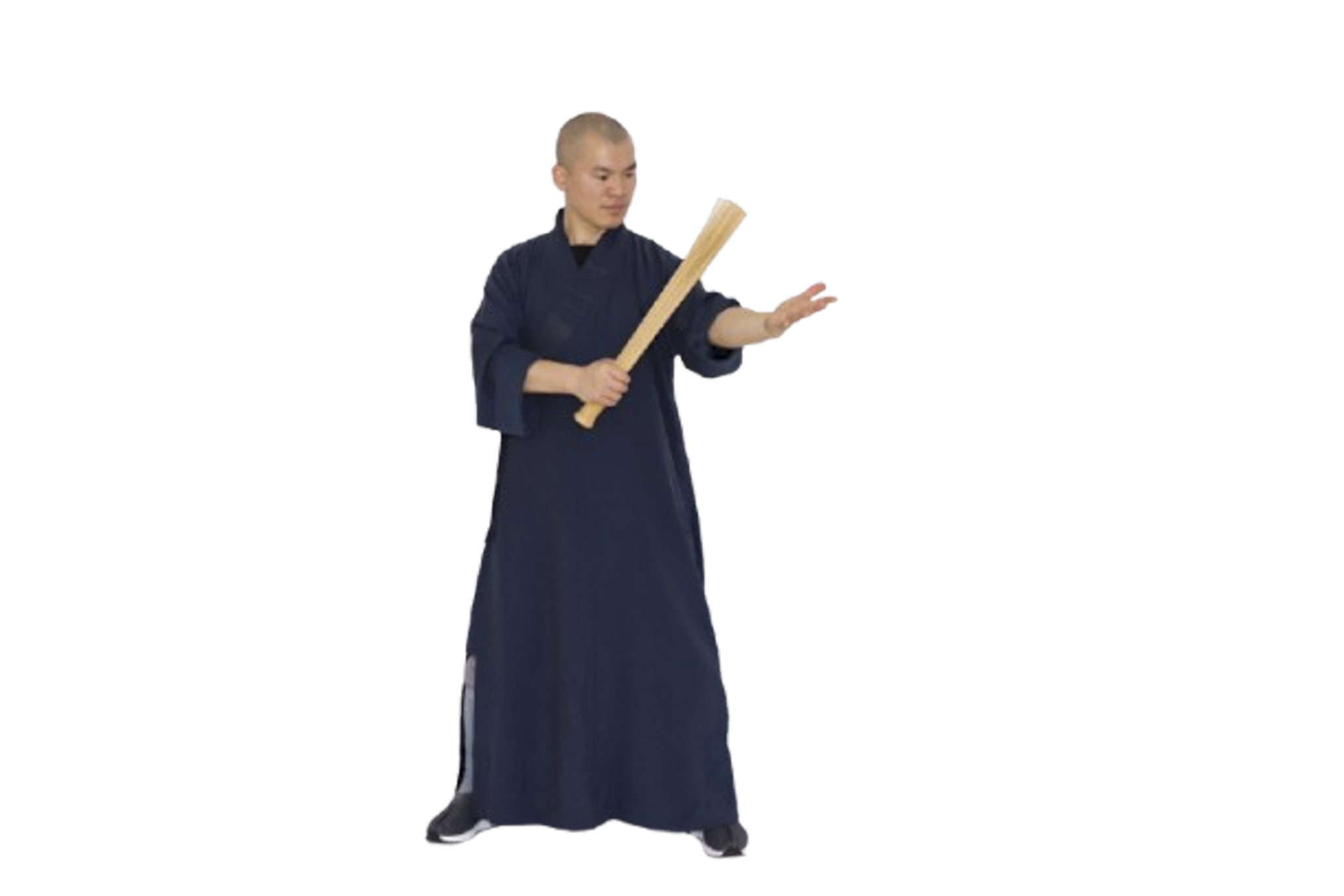 Person wearing a dark blue traditional martial arts robe holding a wooden training sword in a ready stance.
