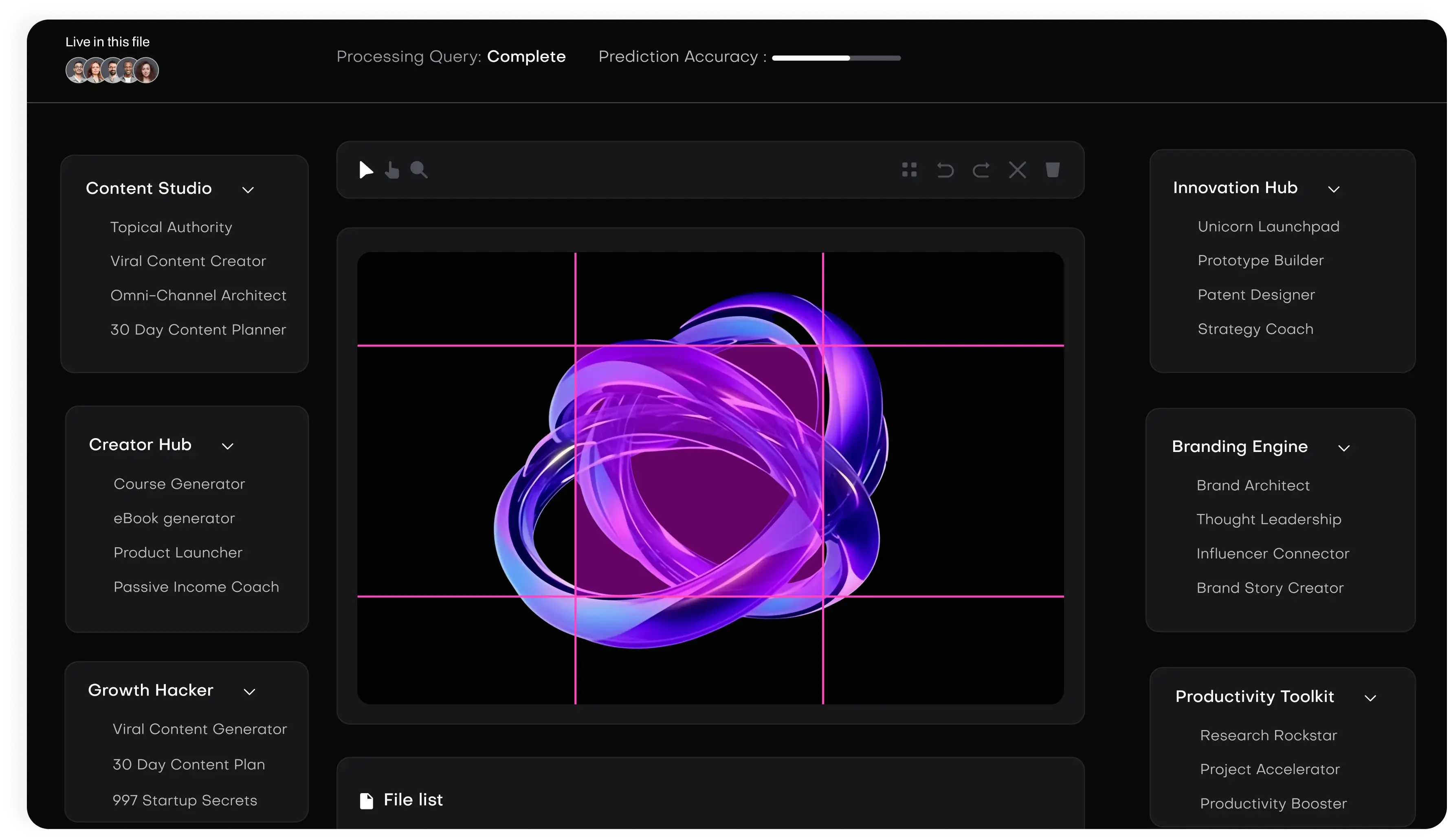 Phoenix LUNARTECH dashboard displaying a purple-blue abstract loop video, with options like Content Studio, Growth Hacker, Innovation Hub, and Branding Engine. - Phoenix | LUNARTECH
