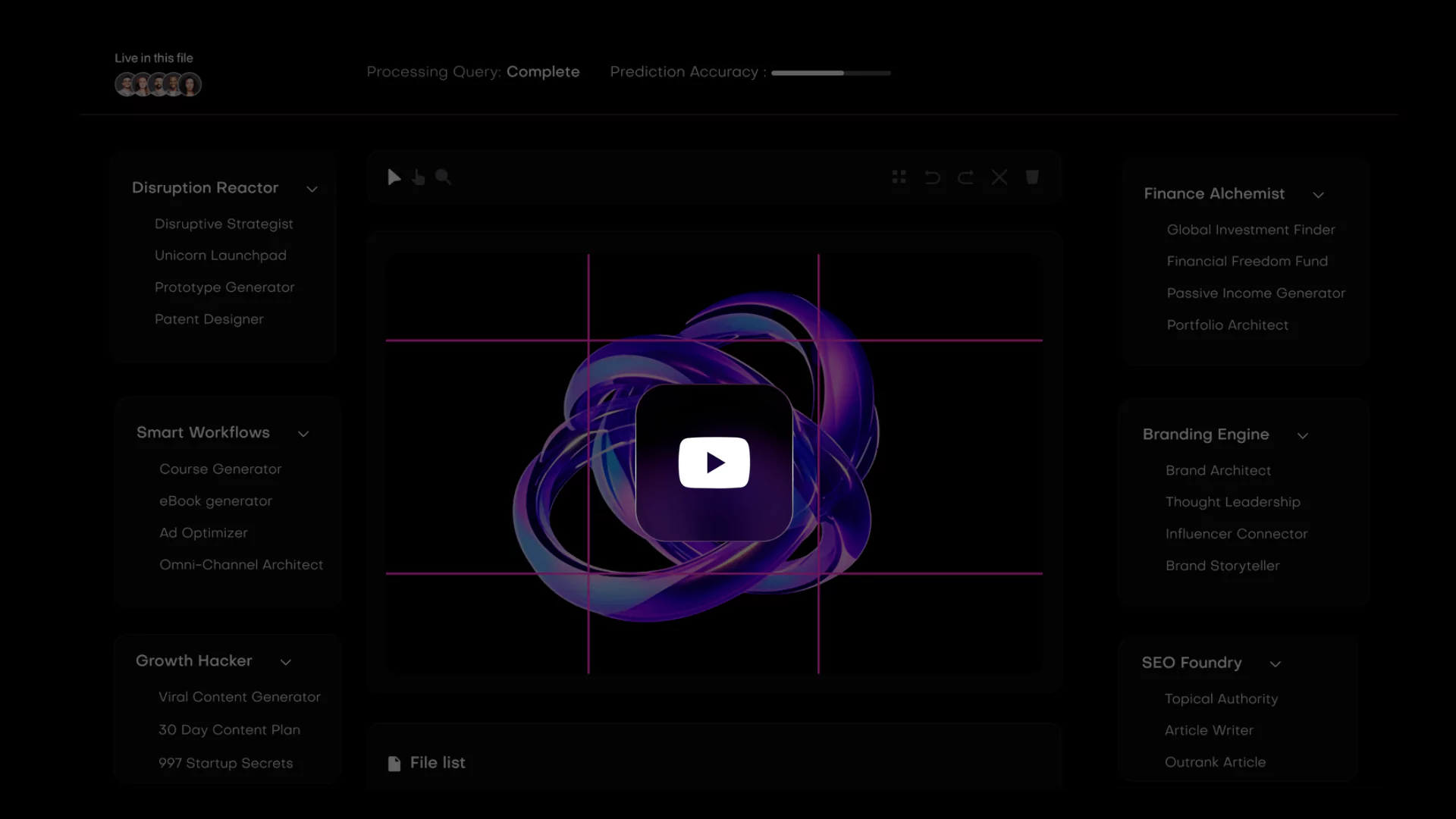 Phoenix dashboard front page with a video player showing a purple-blue abstract loop, surrounded by service options. - Phoenix | LUNARTECH
