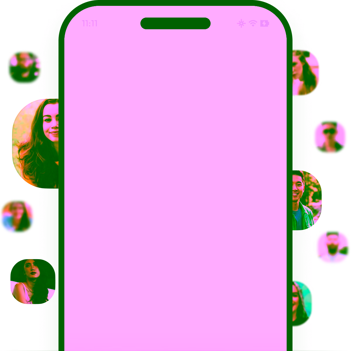 Smartphone screen with blurred and partially visible circular profile pictures along both sides.