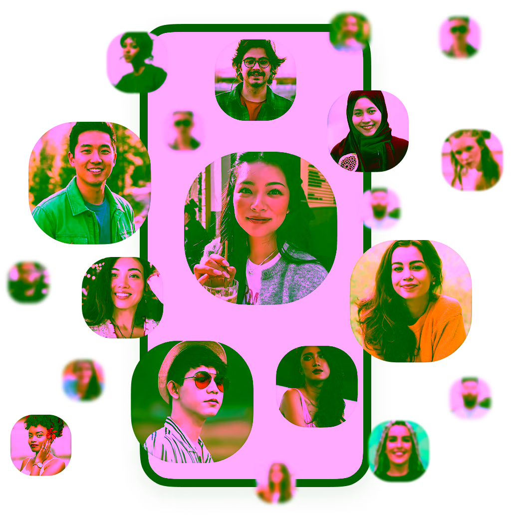 Collage of diverse smiling people's portraits arranged around a central woman holding a drink.