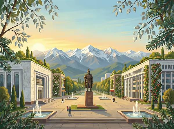 City square featuring a statue of a man on a pedestal, surrounded by fountains, trees, classical buildings, and snow-capped mountains at sunrise.