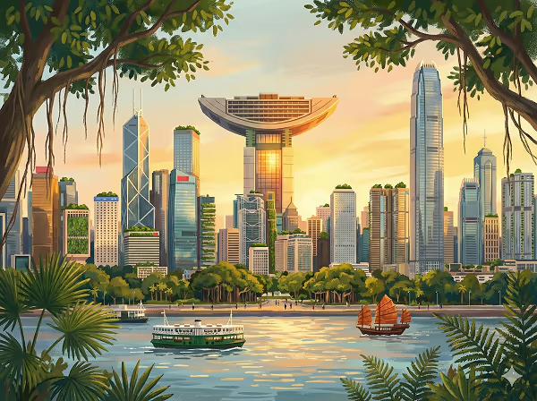 Sunset view of a modern Hong Kong skyline with iconic tall buildings, a boat and a traditional junk sailing on the water, framed by lush green trees.