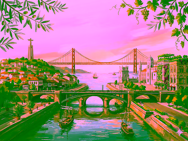Illustration of Lisbon at sunset featuring the 25 de Abril Bridge, the Christ the King statue, traditional boats on a river, and historic buildings framed by leafy branches.