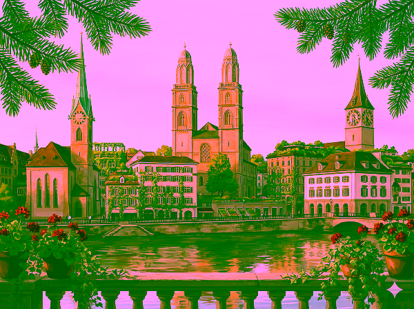 View of Zurich cityscape with the Grossmünster church towers, historic buildings by the river, and greenery framing the scene.