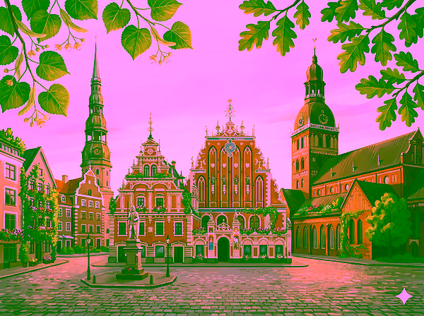 Illustration of Riga's historic town square featuring ornate medieval buildings, statues, and church spires framed by green leaves in foreground at sunset.