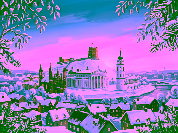 Snow-covered cityscape at sunset featuring historical buildings, a hilltop castle, and framed by frosted tree branches.