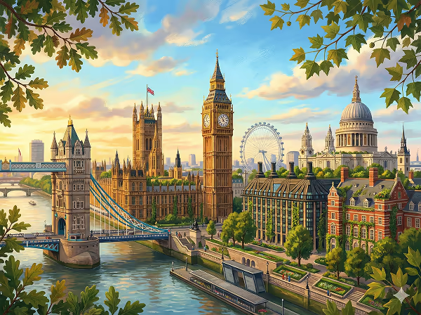 Illustrated scenic view of London featuring Tower Bridge over the Thames, Big Ben, the Houses of Parliament, the London Eye, and St. Paul's Cathedral framed by tree branches.