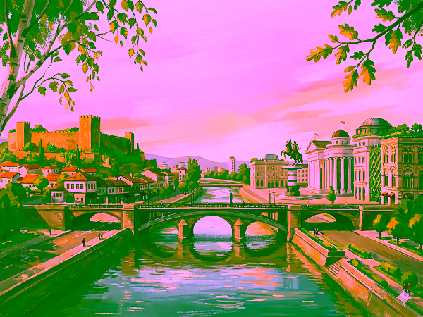 Scenic view of a river flowing under a stone arch bridge with historic buildings and a castle on a hill at sunset.
