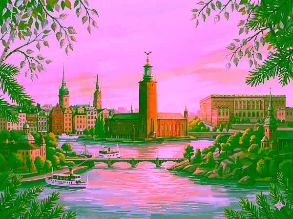 Illustration of Stockholm's waterfront at sunset with historic buildings, a central tower, boats on water, and framed by tree branches.
