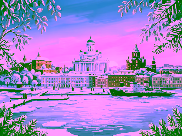Winter cityscape of Helsinki with the Helsinki Cathedral and Uspenski Cathedral at sunset, surrounded by snow-covered buildings and an icy harbor with anchored boats.