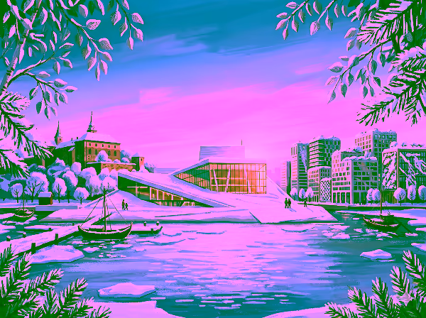 Snow-covered modern building and boats on a partly frozen harbor at sunset with city skyline and trees framing the scene.