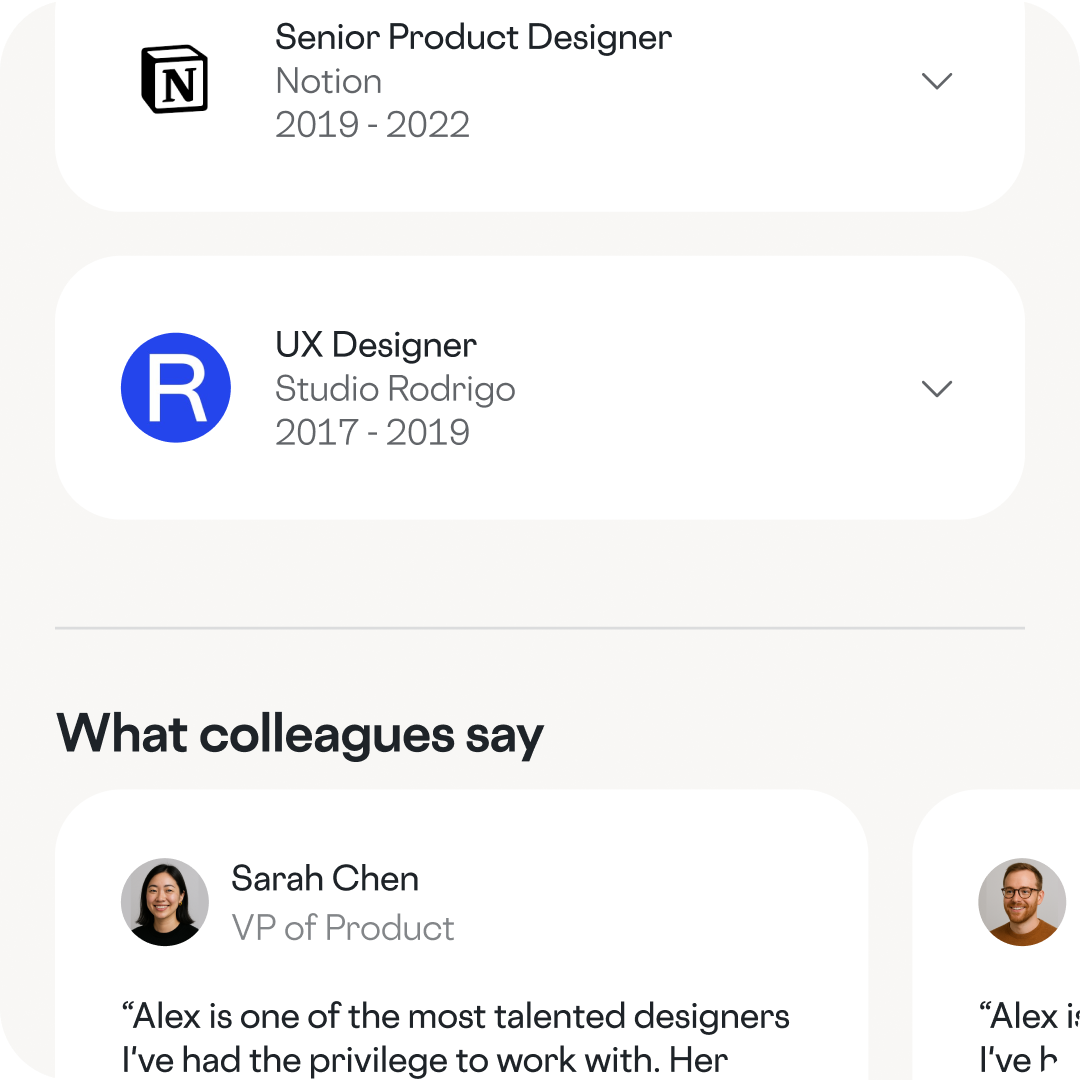 Two job listings; Senior Product Designer at Notion from 2019 to 2022 with Notion logo, and UX Designer at Studio Rodrigo from 2017 to 2019 with a blue R logo.