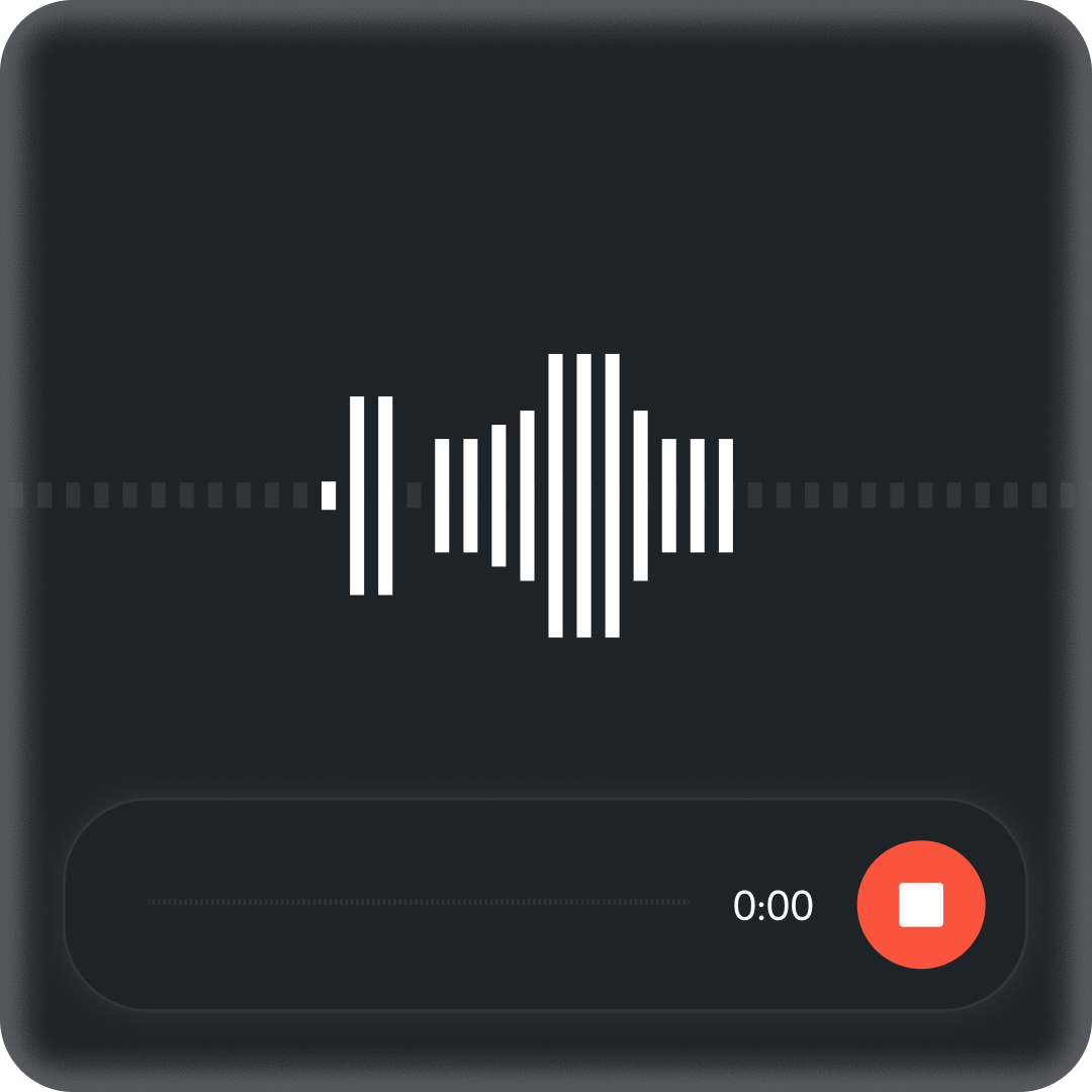 Audio recording interface with a white waveform on black background, a red stop button, and a timer showing 0:00.