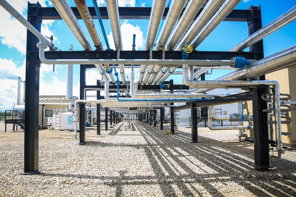 Underside of pipes that are a part of an oil production facility