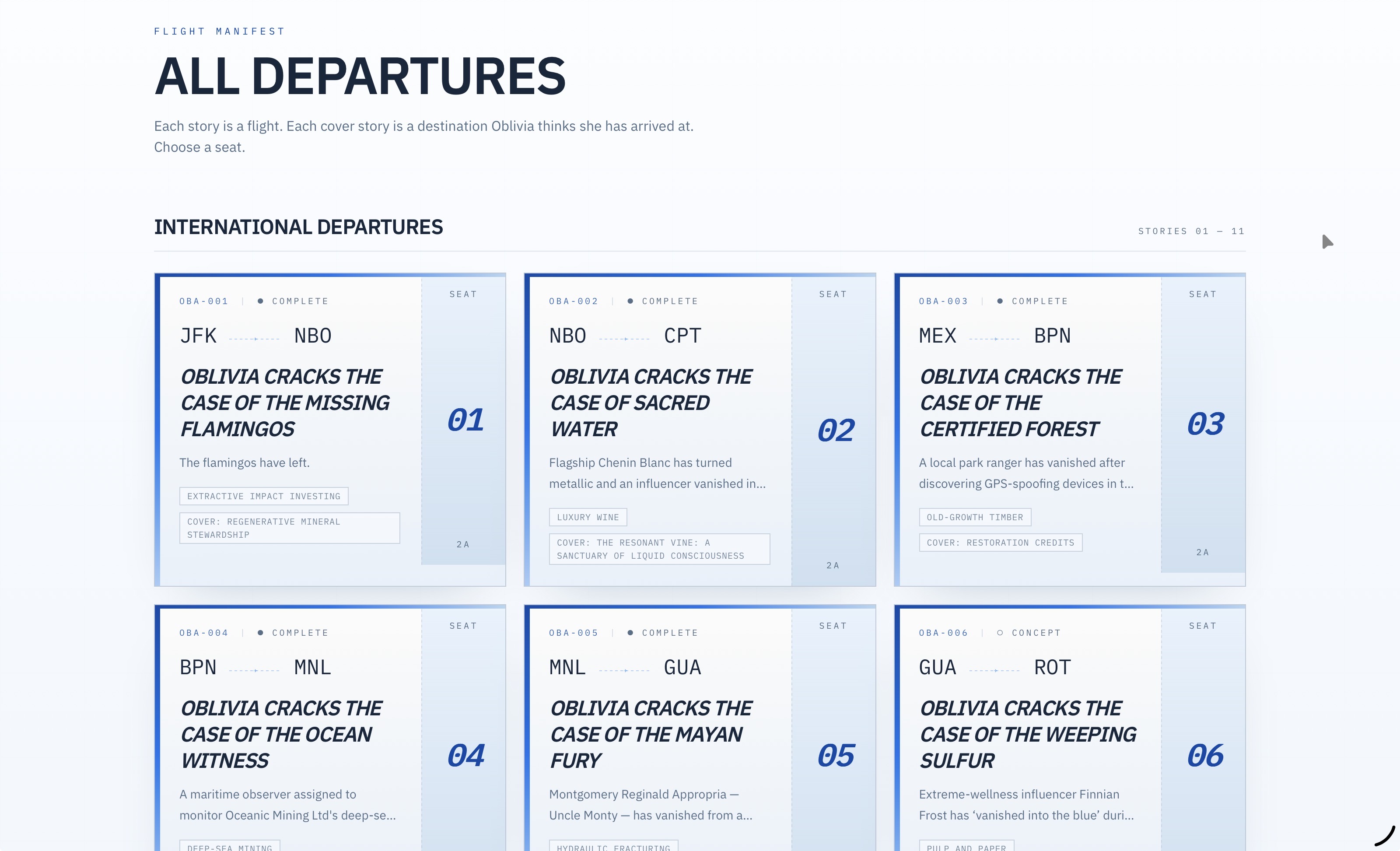 Flight manifest showing international departures with stories titled 'Oblivia cracks the case' and seat numbers 01 to 06.