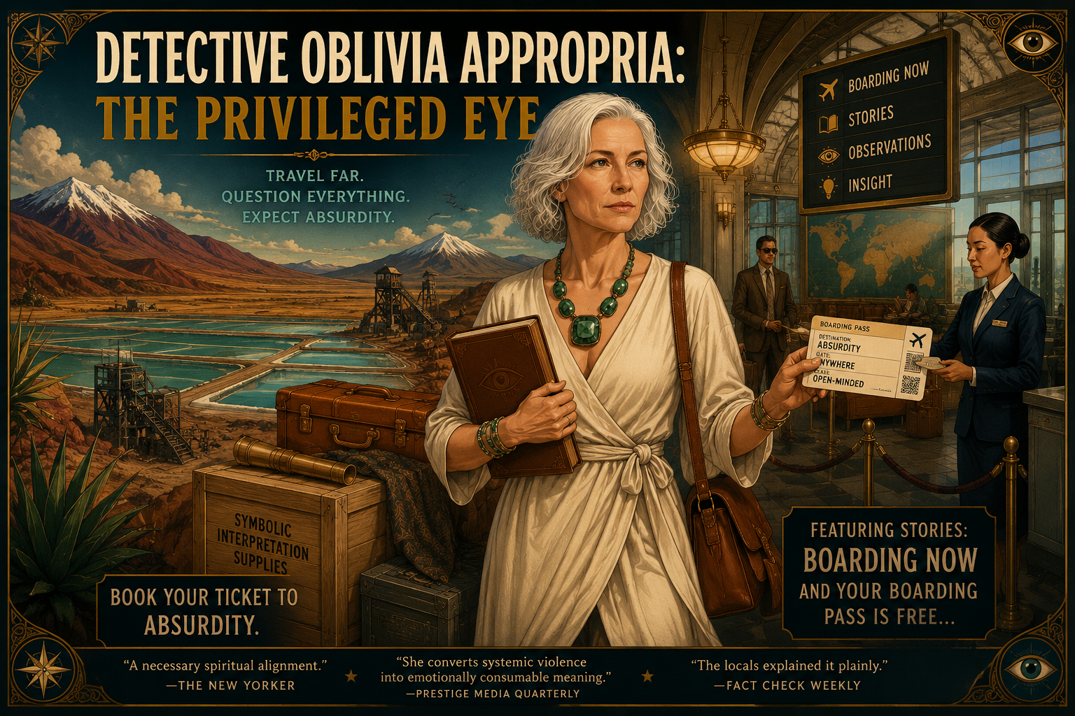 Detective Olbivia Appropria holds a boarding pass to Absurdity in an airport with suitcases and mountains behind.