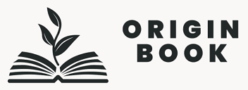 Logo with an open book and a plant growing from its pages next to the text 'ORIGIN BOOK'.