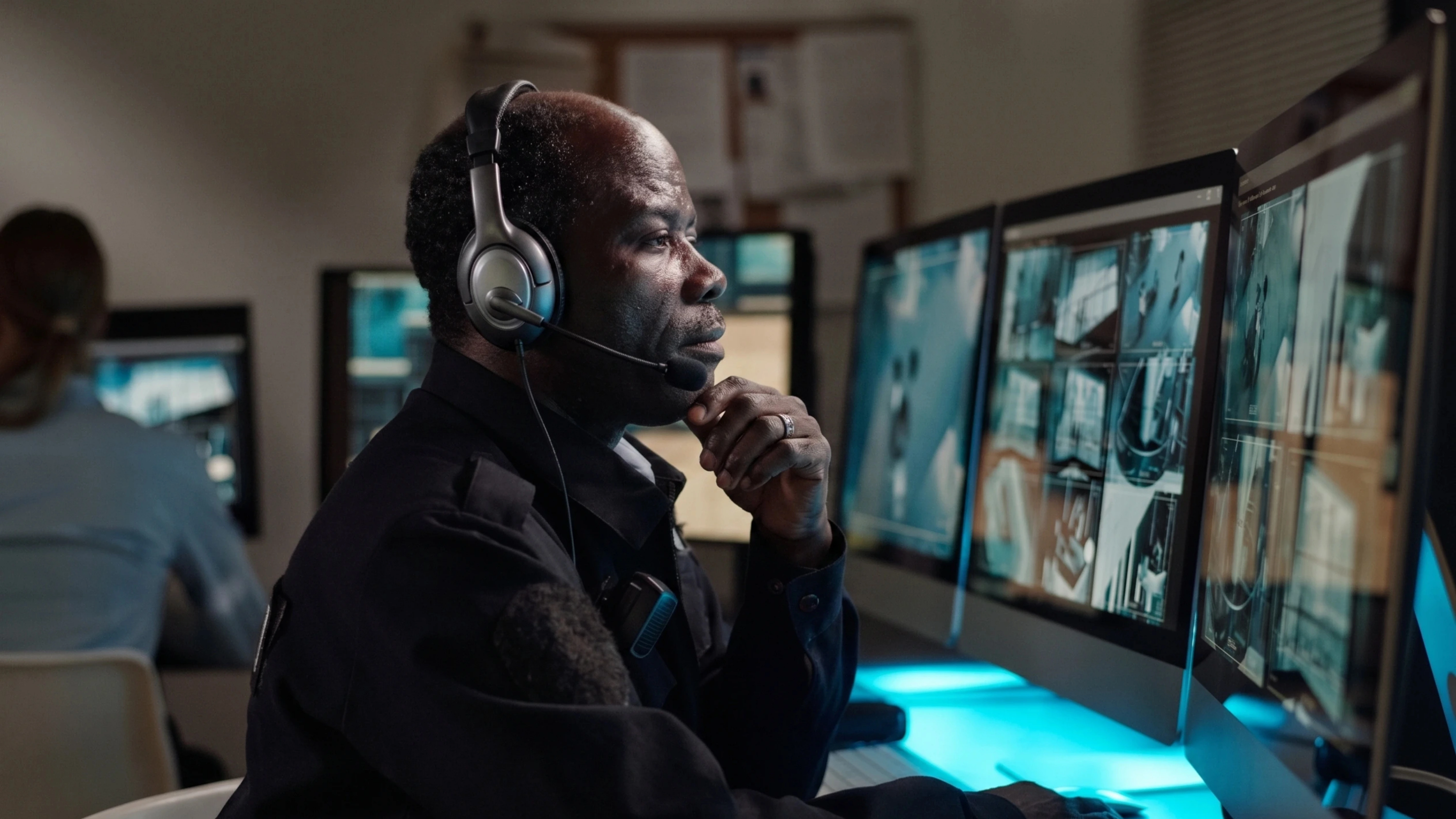 Security controller sitting and monitoring security and CCTV screens