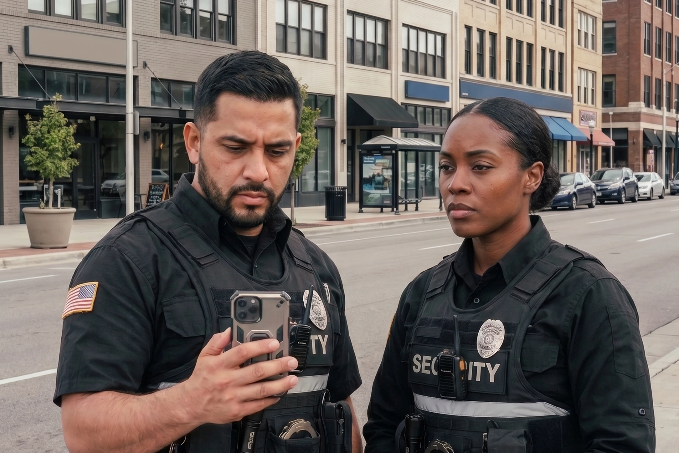 american officers looking at a phone for alert